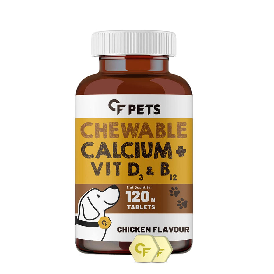 Mycf CF Pets Chewable Calcium Tablet - Calcium for Dogs Supplement with Vitamin D3, B12, Magnesium & Zinc | Chicken Flavour