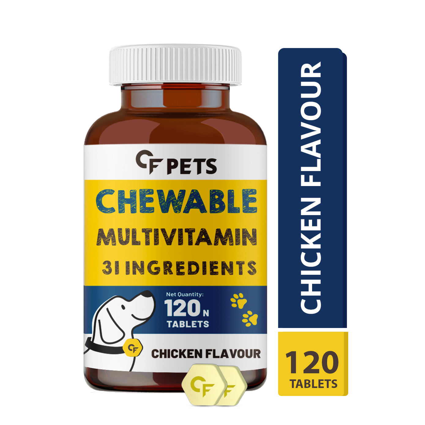 Mycf CF Pets Chewable Multivitamin Tablets for Dogs with 23 Essential Vitamins & Minerals for Healthy Skin, Heart, Brain, Digestive System & Joint Function | Chicken Flavour