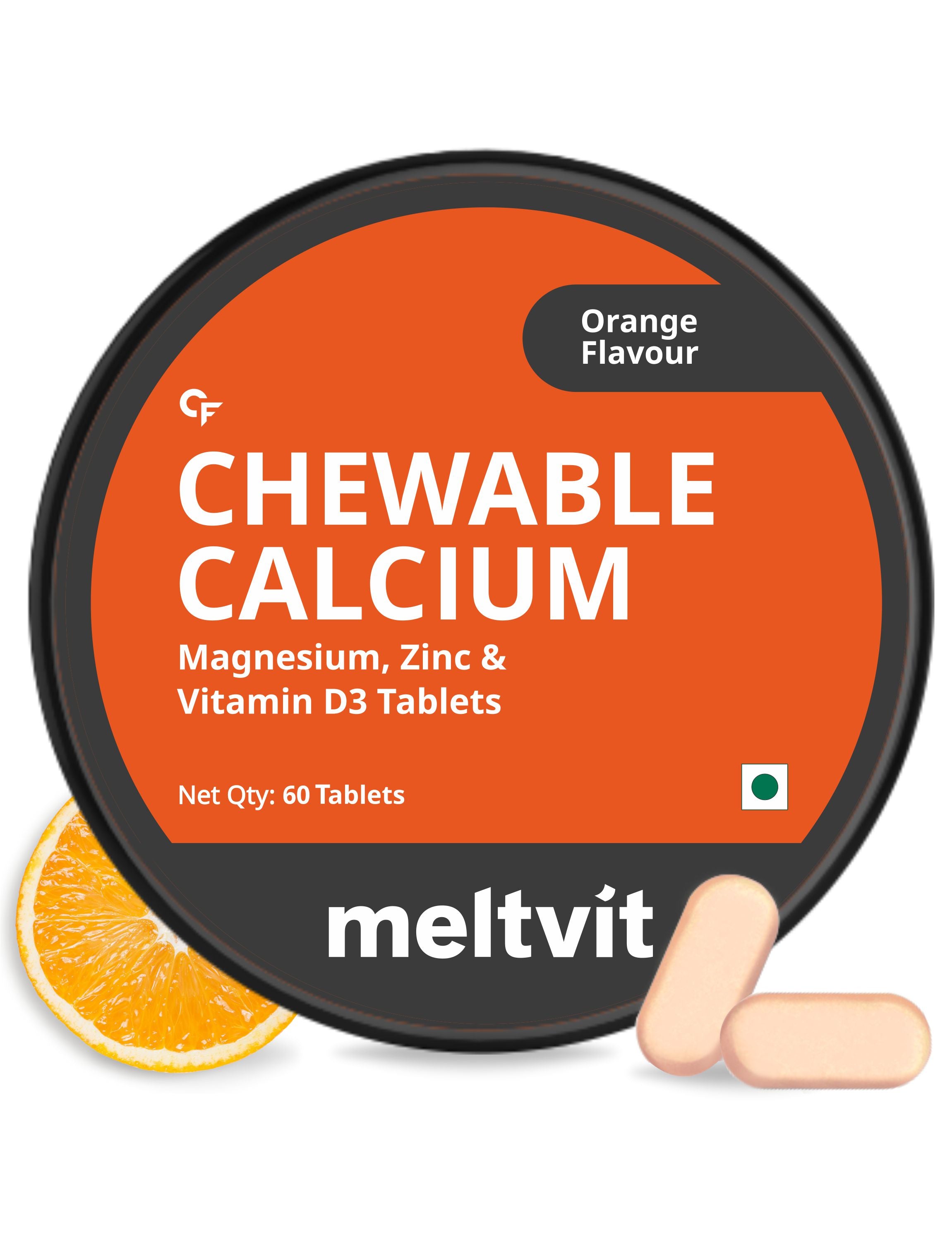 Mycf Meltvit Chewable Calcium Tablets 1000mg with Vitamin D3, Magnesium & Zinc Tablets | Water Soluble Calcium Citrate Malate 1000mg with Stabilised D3